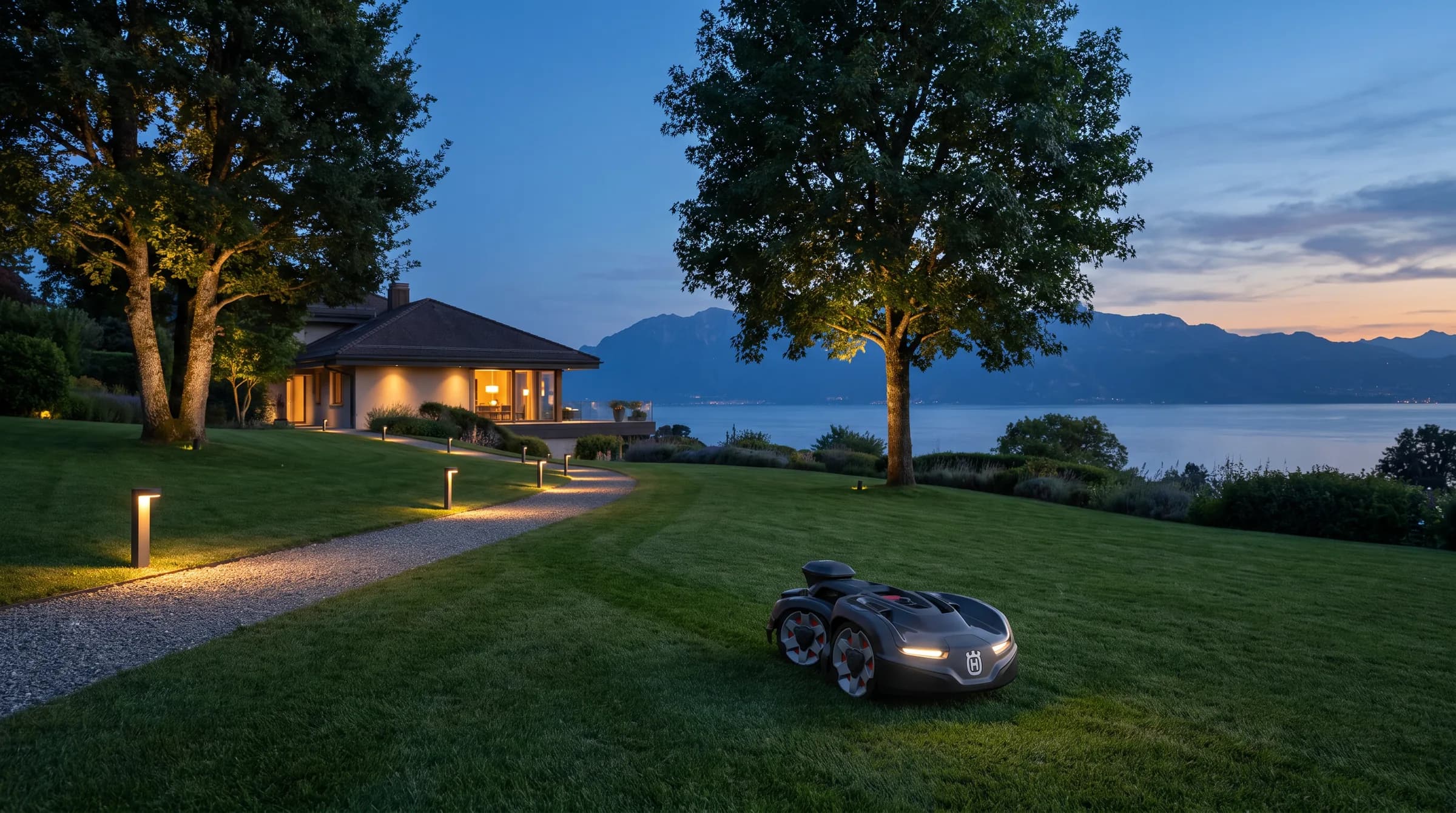 Jardin au crépuscule au-dessus du Léman, bornes lumineuses le long d'une allée et robot tondeuse sur la pelouse