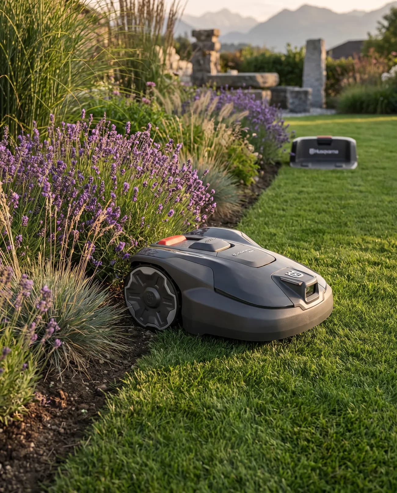 Robot tondeuse longeant une bordure de lavande