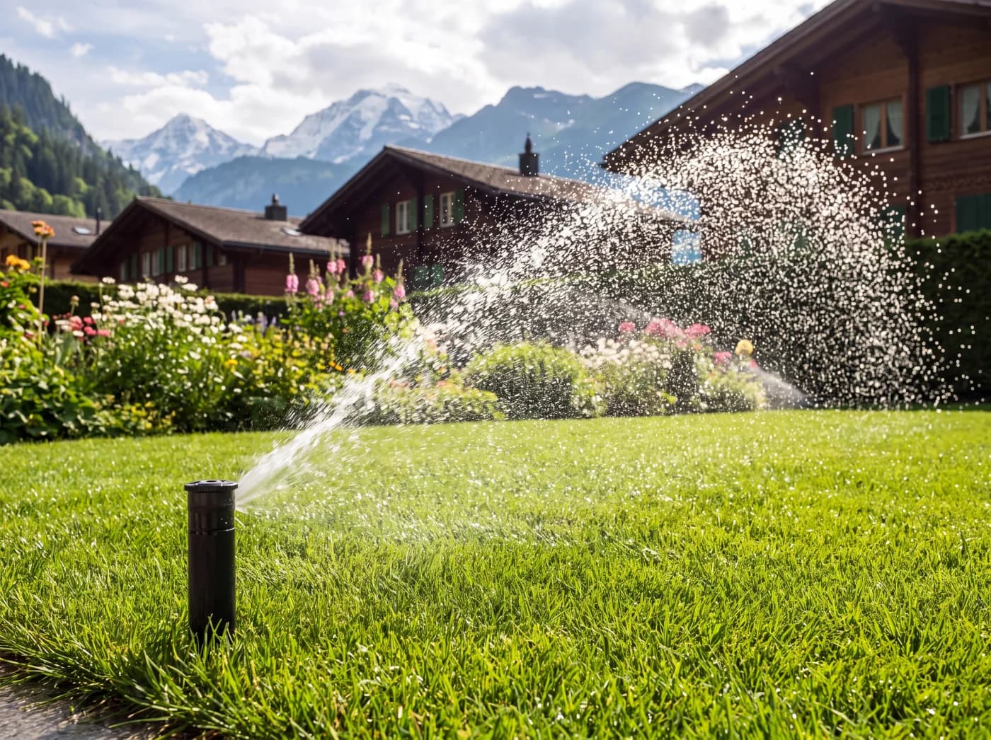 Arroseur escamotable arrosant une pelouse devant des massifs fleuris